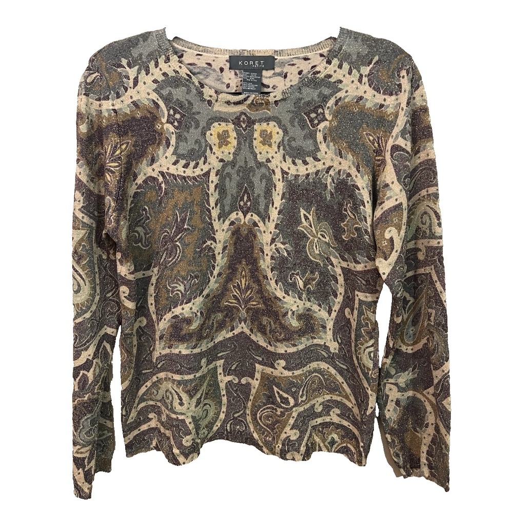 Koret Tapestry Metallic Printed Long Sleeve Silk‎ Blouse Size Petite Medium